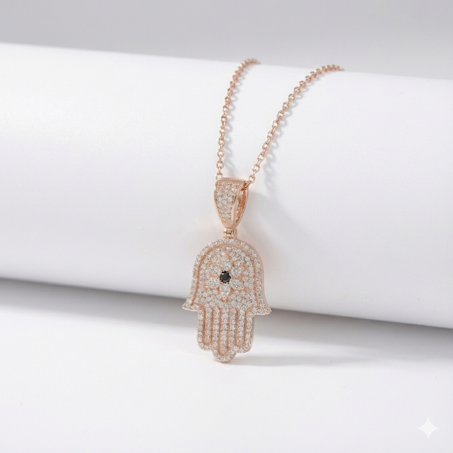 שרשרת חמסה בשילוב מגן דוד כסף- ציפוי זהב רוז גולד